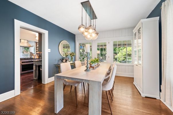 Dining room, Interior, Pendant Lights, Wood Texture Flooring