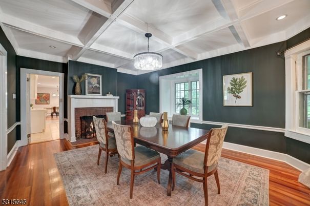 Chandelier, Dining room, Fireplace, Interior, Pendant Lights, Recessed Lighting, Wood Texture Flooring