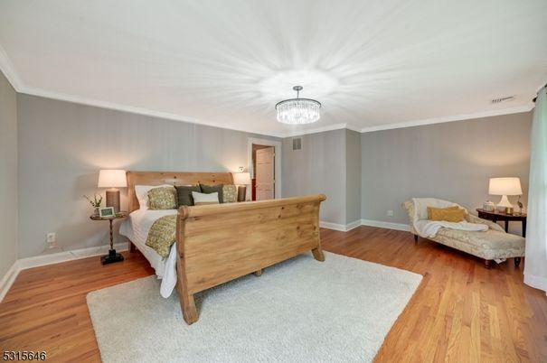 Bedroom, Chandelier, Interior, Wood Texture Flooring