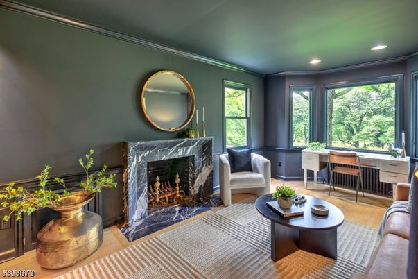 Fireplace, Interior, Living room, Recessed Lighting, Wood Texture Flooring