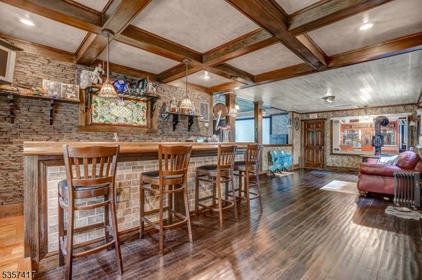 Interior, Recessed Lighting, Stone Walls, Wooden Beams, Wood Texture Flooring