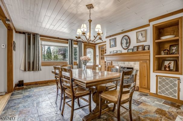 Chandelier, Dining room, Fireplace, Interior