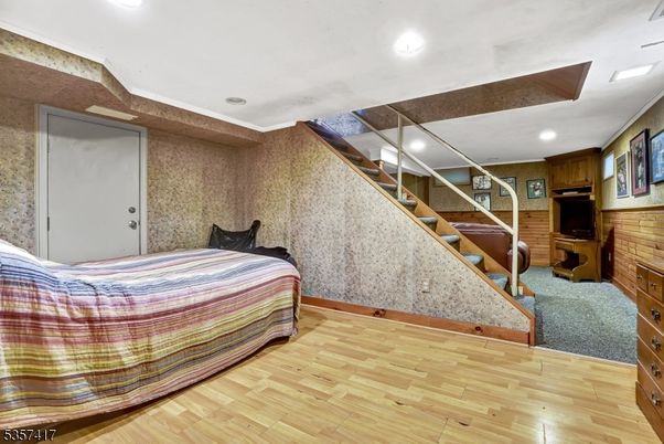 Bedroom, Interior, Recessed Lighting, Wood Texture Flooring, Wooden Walls