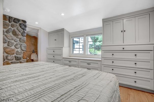 Bedroom, Interior, Recessed Lighting, Stone Walls, Wood Texture Flooring