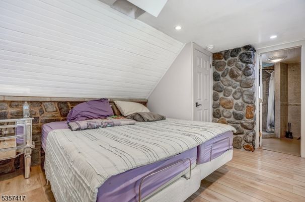Bedroom, Interior, Recessed Lighting, Stone Walls, Wood Texture Flooring