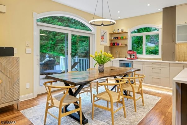 Dining room, Interior, Pendant Lights, Recessed Lighting, Wood Texture Flooring