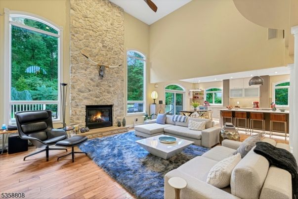 Fireplace, Interior, Kitchen, Living room, Pendant Lights, Recessed Lighting, Stone Walls, Wood Texture Flooring