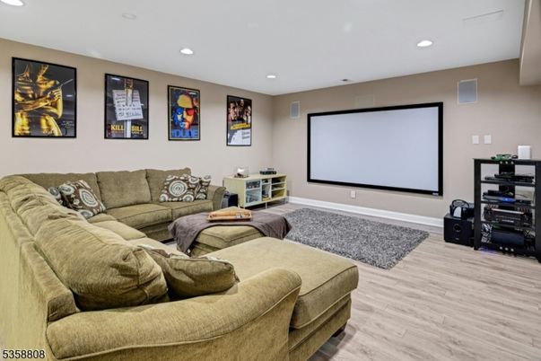 Interior, Projection Screen, Recessed Lighting, Wood Texture Flooring