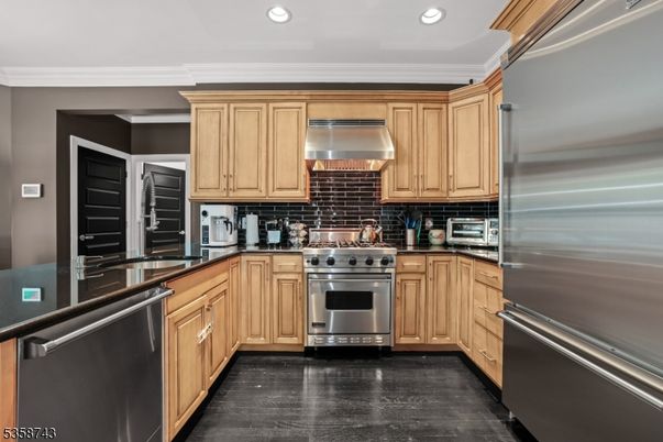 Interior, Kitchen, Recessed Lighting, Stainless Steel Appliances, Wood Texture Flooring