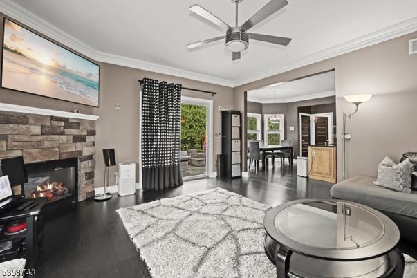 Dining room, Fireplace, Interior, Pendant Lights, Wood Texture Flooring