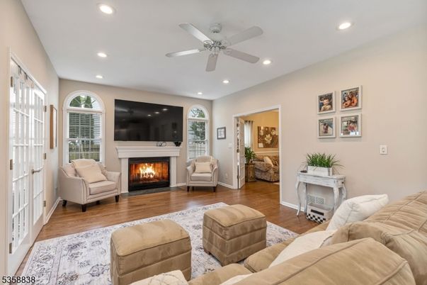 Fireplace, Interior, Living room, Recessed Lighting, Wood Texture Flooring