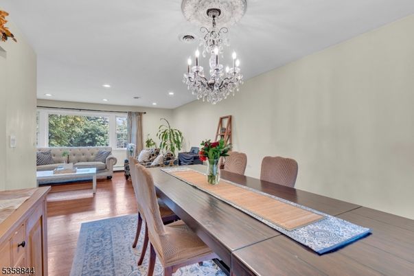 Chandelier, Dining room, Interior, Living room, Recessed Lighting, Wood Texture Flooring