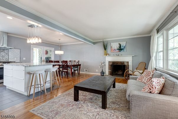 Dining room, Fireplace, Interior, Kitchen, Living room, Pendant Lights, Recessed Lighting, Wood Texture Flooring
