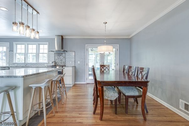Dining room, Interior, Kitchen, Pendant Lights, Wood Texture Flooring