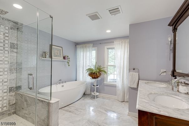 Bathroom, Dual Sink Vanities, Free Standing Baths, Glass Shower, Interior, Marble, Recessed Lighting