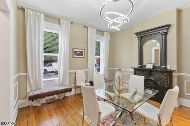 Dining room, Interior, Pendant Lights, Wood Texture Flooring