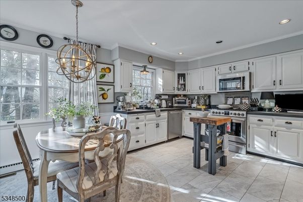 Dining room, Interior, Kitchen, Pendant Lights, Recessed Lighting, Stainless Steel Appliances