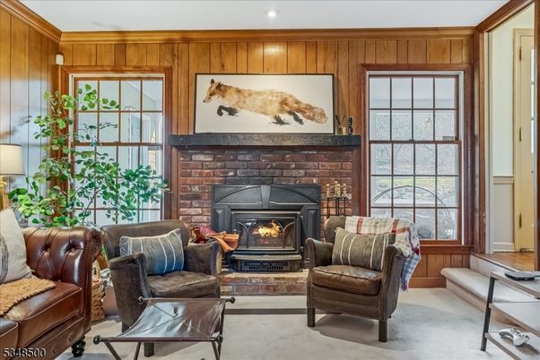 Fireplace, Interior, Living room, Recessed Lighting, Wooden Walls