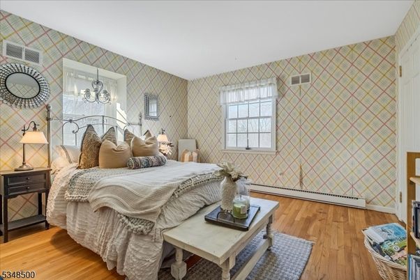 Bedroom, Chandelier, Interior, Wood Texture Flooring