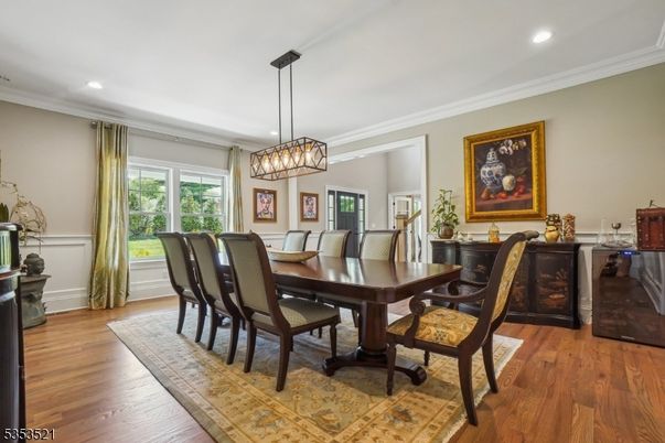 Dining room, Interior, Pendant Lights, Recessed Lighting, Wood Texture Flooring