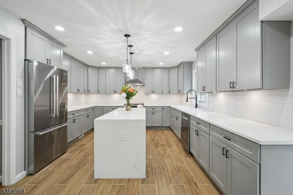 Interior, Kitchen, Pendant Lights, Recessed Lighting, Stainless Steel Appliances, Wood Texture Flooring