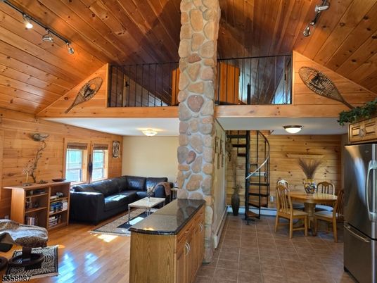 Dining room, Fireplace, Interior, Kitchen, Living room, Stone Walls, Wooden Beams, Wooden Ceilings, Wood Texture Flooring, Wooden Walls