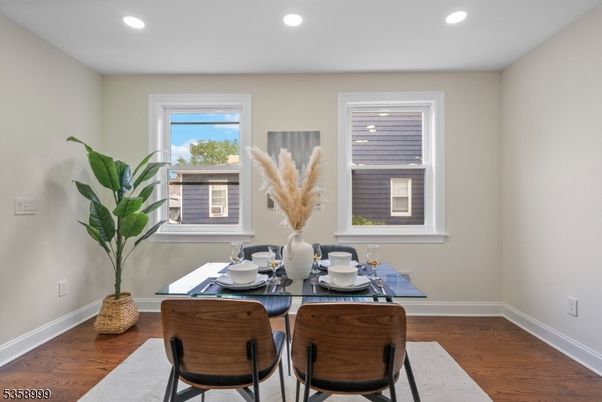 Dining room, Interior, Recessed Lighting, Wood Texture Flooring