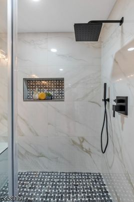 Bathroom, Glass Shower, Interior, Marble Walls, Recessed Lighting