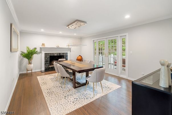 Dining room, Fireplace, Interior, Pendant Lights, Recessed Lighting, Wood Texture Flooring