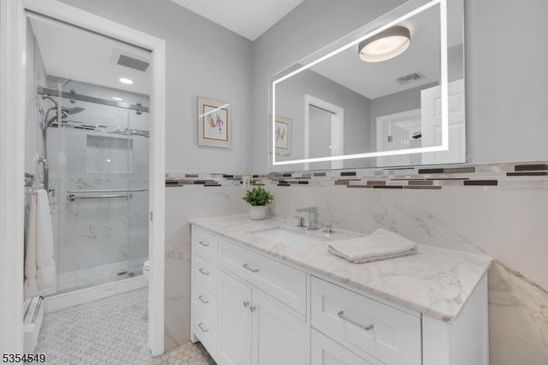 Bathroom, Glass Shower, Interior, Marble Walls, Recessed Lighting