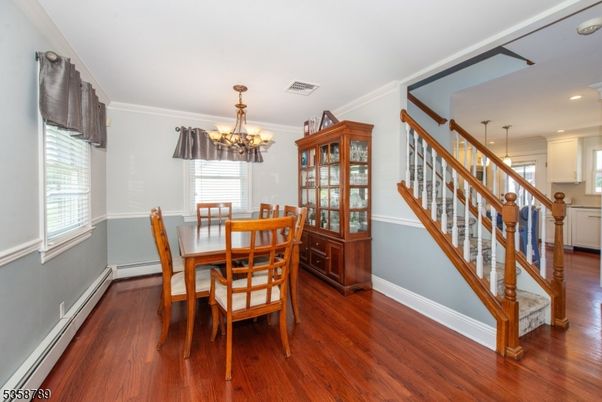 Chandelier, Dining room, Interior, Pendant Lights, Recessed Lighting, Wood Texture Flooring