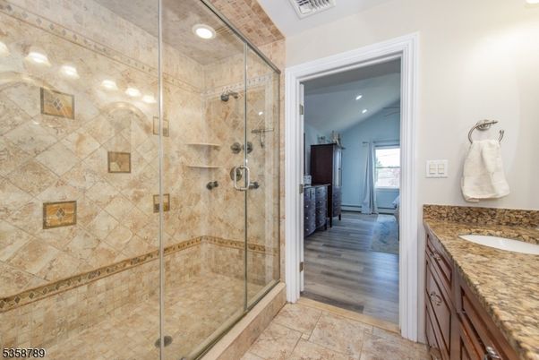 Bathroom, Glass Shower, Interior, Recessed Lighting, Wood Texture Flooring