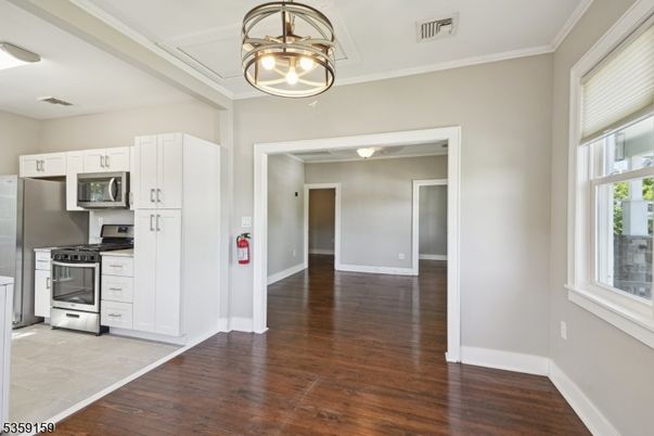 Interior, Kitchen, Pendant Lights, Stainless Steel Appliances, Wood Texture Flooring