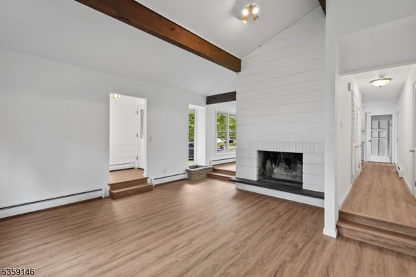Empty room, Fireplace, Interior, Wooden Beams, Wood Texture Flooring