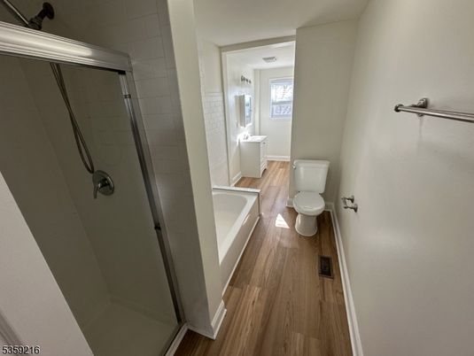 Bathroom, Glass Shower, Interior, Wood Texture Flooring
