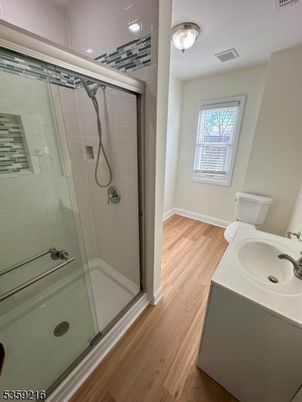 Bathroom, Glass Shower, Interior, Wood Texture Flooring