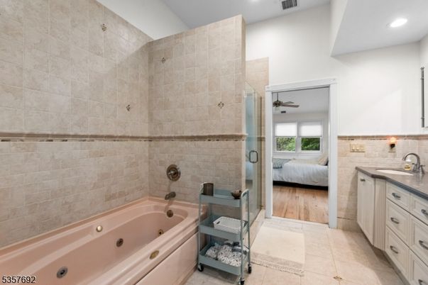 Bathroom, Bedroom, Glass Shower, Interior, Recessed Lighting, Wood Texture Flooring