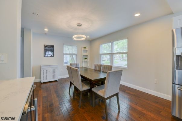 Dining room, Interior, Pendant Lights, Recessed Lighting, Wood Texture Flooring