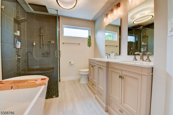 Bathroom, Dual Sink Vanities, Glass Shower, Interior, Wood Texture Flooring