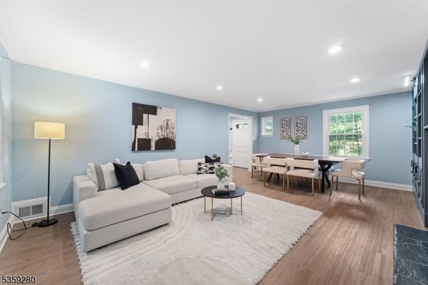 Dining room, Interior, Living room, Recessed Lighting, Wood Texture Flooring