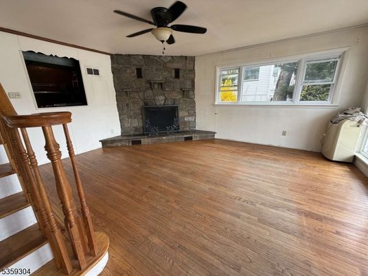 Empty room, Fireplace, Interior, Stone Walls, Wood Texture Flooring