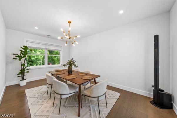 Dining room, Interior, Pendant Lights, Recessed Lighting, Wood Texture Flooring