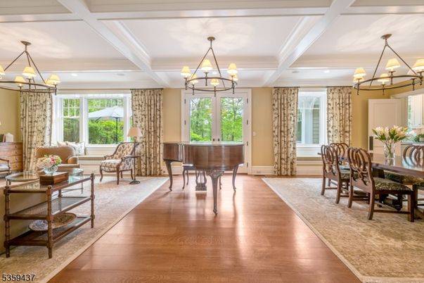 Chandelier, Dining room, Interior, Living room, Piano, Recessed Lighting, Wood Texture Flooring
