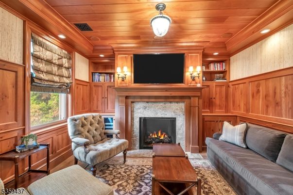 Fireplace, Interior, Living room, Recessed Lighting, Wooden Ceilings, Wood Texture Flooring, Wooden Walls