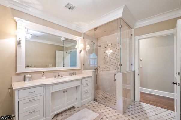 Bathroom, Dual Sink Vanities, Glass Shower, Interior, Wood Texture Flooring