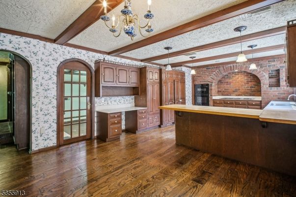 Chandelier, Interior, Kitchen, Pendant Lights, Stone Walls, Wooden Beams, Wood Texture Flooring