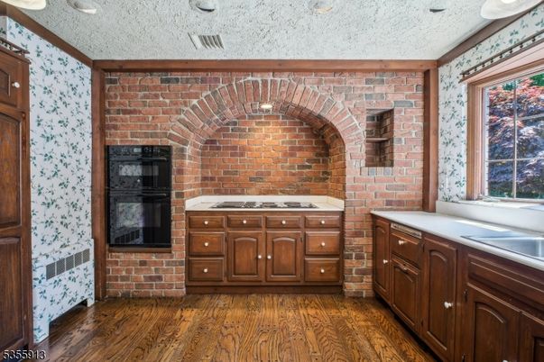Interior, Kitchen, Recessed Lighting, Stone Walls, Wood Texture Flooring