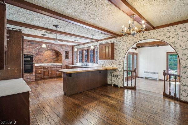 Chandelier, Interior, Kitchen, Pendant Lights, Stone Walls, Wooden Beams, Wood Texture Flooring