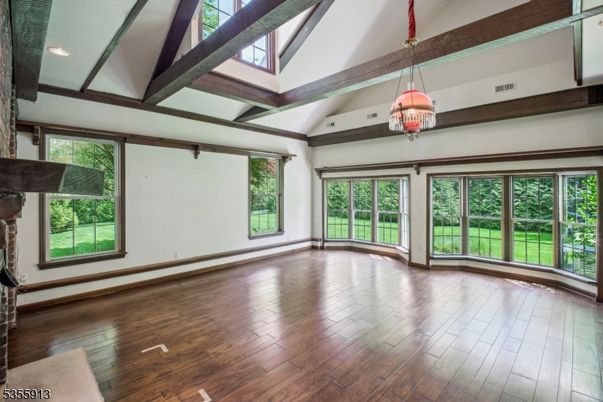 Empty room, Interior, Pendant Lights, Recessed Lighting, Wooden Beams, Wood Texture Flooring