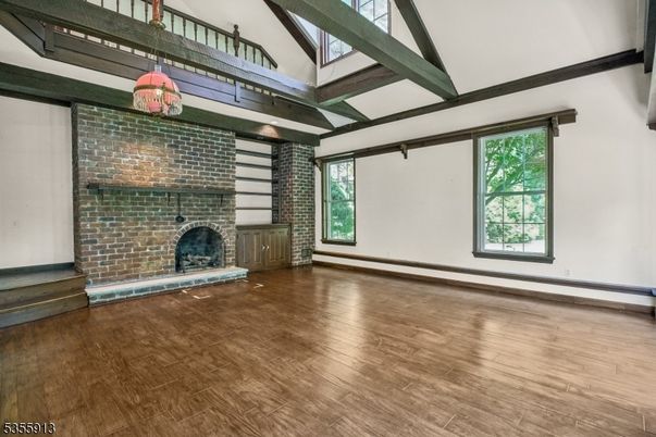 Empty room, Fireplace, Interior, Stone Walls, Wood Texture Flooring